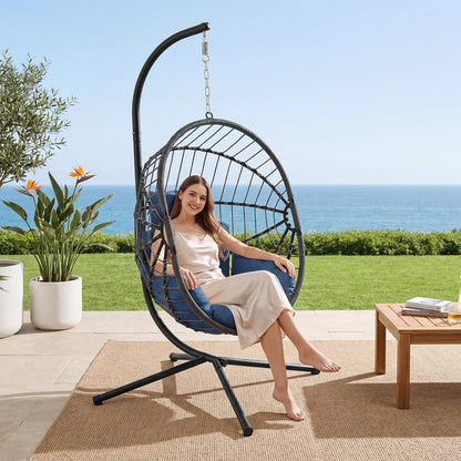 LEX CRAFT Hanging Egg Chair with Stand, Swinging Egg Chair Outdoor Indoor, Hanging Basket Chair with Cushion, Patio Wicker Hammock Chair 350lbs Capacity (Grey-Blue)