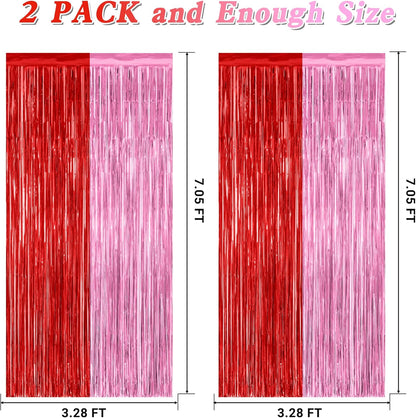 Regine Switzerland | 2 Pack Red Pink Backdrop Curtains - 3.28' x 7.05' Metallic Fringe for Parties