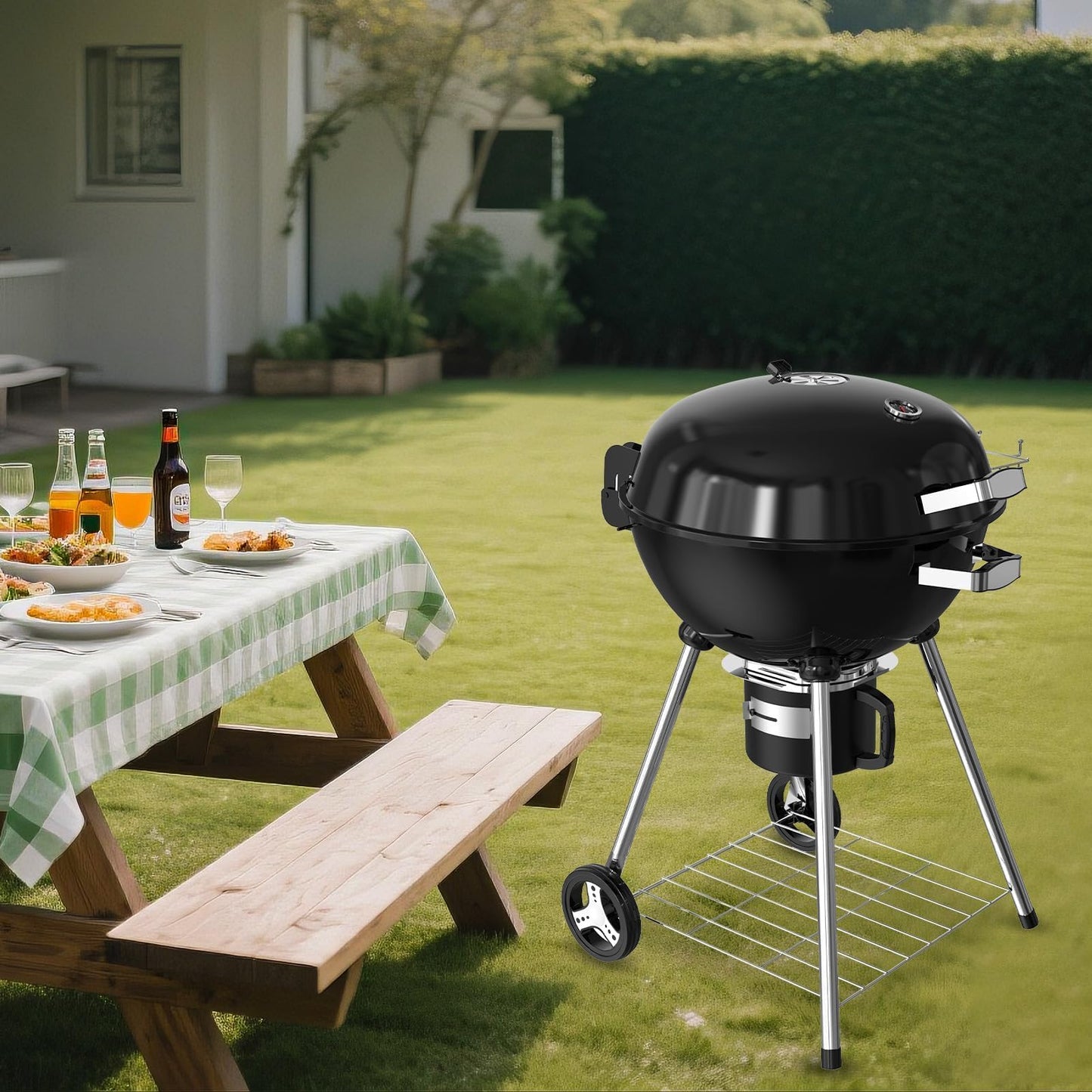 22.5-Inch Portable Charcoal Grill, Heavy Duty Kettle BBQ Smoker with Built-in Thermometer & Removable Water-Rinsable Ash Catcher for Outdoor Camping, Patio, Backyard, and Tailgating