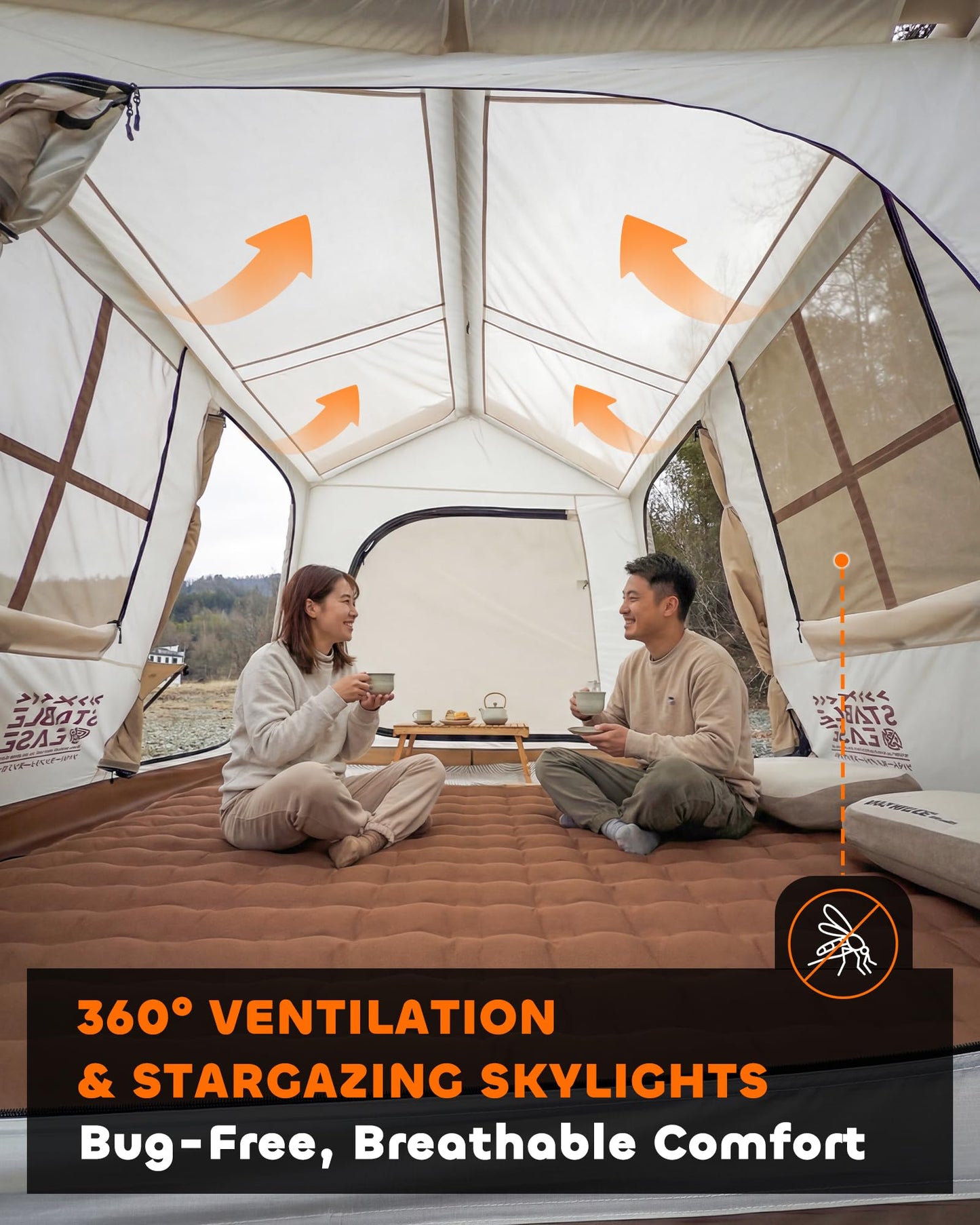 Inflatable Camping Tent for 5-8 Person, Oxford Waterproof Blow Up Air Tent with Skylight & Mesh Windows, Quick Setup with Hand Pump, Carrying Bag, 4 Season UV Protection for Outdoor Glamping Family
