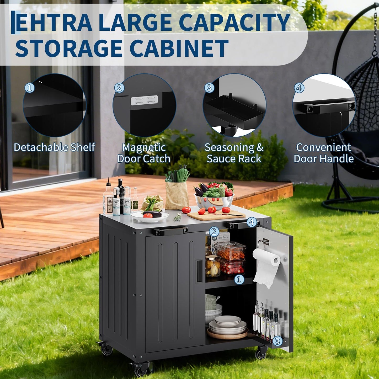 GarveeLife Grill Table, Outdoor Grill Cart with Storage Cabinet, Movable Outdoor BBQ Grilling Table, Made Entirely of Stainless Steel, Outdoor Grilling Station for Kitchen Prep, Lawn & Garden
