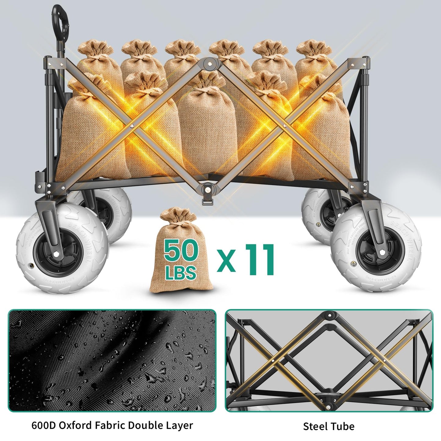 SUNNYFEEL Heavy Duty Beach Wagon with Big Wheels for Sand, 550LBS Capacity, 200L Beach Cart with Adjustable Handle, Foldable Wagon Cart for Camping, Garden, Shopping (Black)