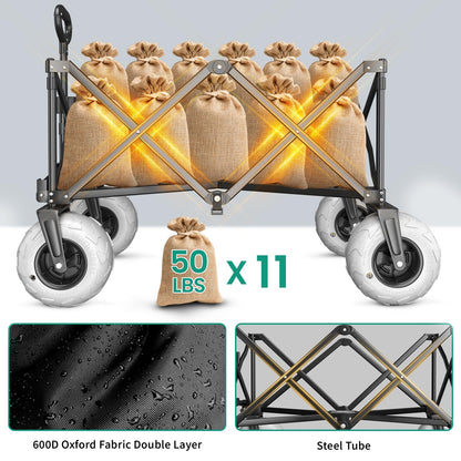 SUNNYFEEL Heavy Duty Beach Wagon with Big Wheels for Sand, 550LBS Capacity, 200L Beach Cart with Adjustable Handle, Foldable Wagon Cart for Camping, Garden, Shopping (Black)
