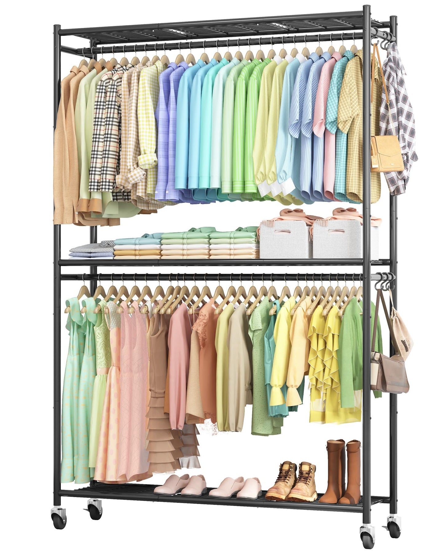 Sakugi Clothes Rack - 45.2" x 12.2" x 79.5" Clothing Rack with Shelves & Wheels, Multi-Functional Wardrobe Closet with Hooks, Sturdy Metal Garment Rack for Bedroom, Laundry, Balcony (Black)