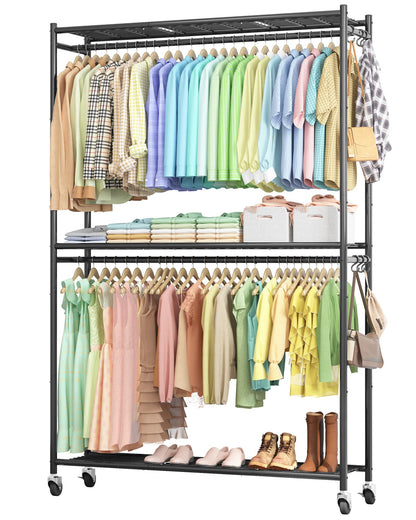 Sakugi Clothes Rack - 45.2" x 12.2" x 79.5" Clothing Rack with Shelves & Wheels, Multi-Functional Wardrobe Closet with Hooks, Sturdy Metal Garment Rack for Bedroom, Laundry, Balcony (Black)