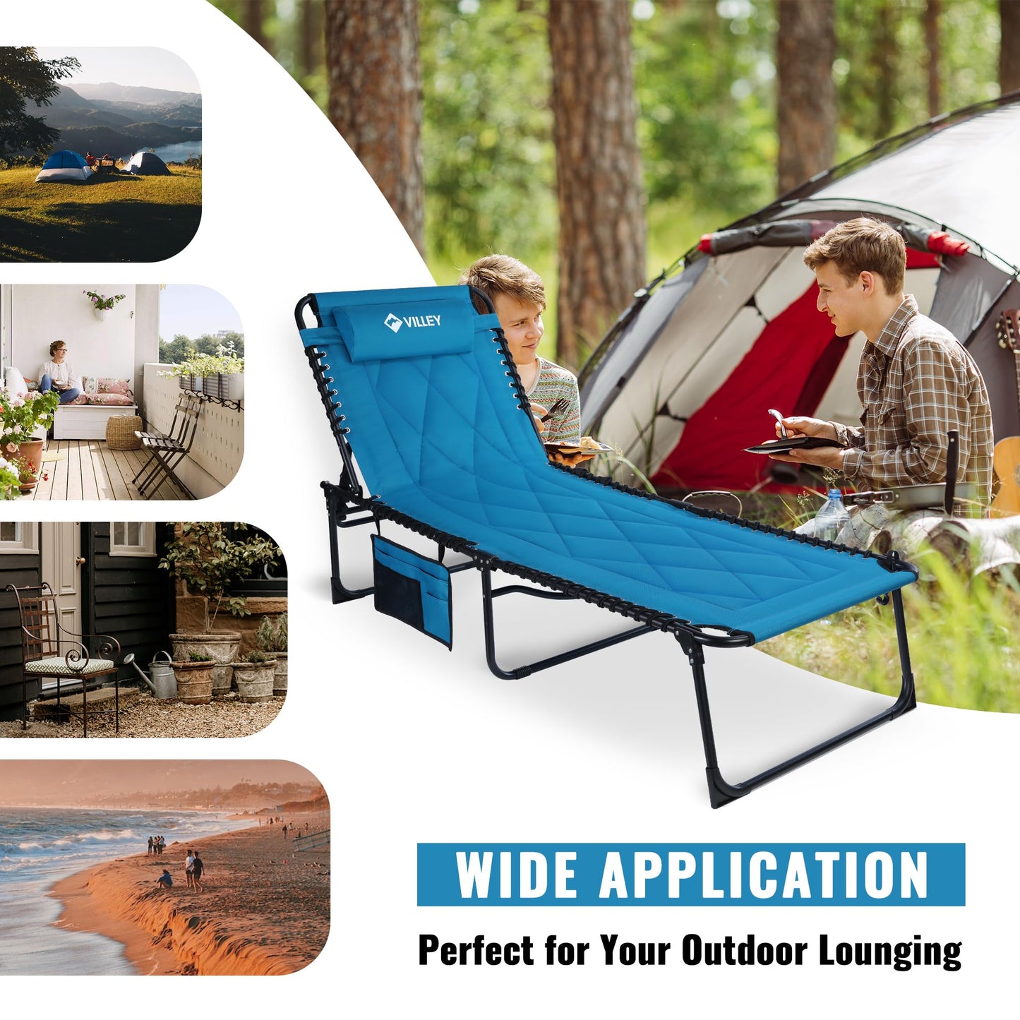 VILLEY Oversized Padded Chaise Lounge with Cushion, Foldable Camping Cot, Patio Reclining Lounge Chairs, Folding Sleeping Bed for Outdoor, Indoor, Backyard, Garden, Camping, Relaxing, Beach Tanning