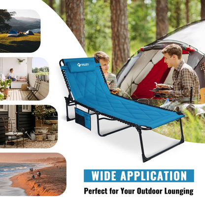 VILLEY Oversized Padded Chaise Lounge with Cushion, Foldable Camping Cot, Patio Reclining Lounge Chairs, Folding Sleeping Bed for Outdoor, Indoor, Backyard, Garden, Camping, Relaxing, Beach Tanning