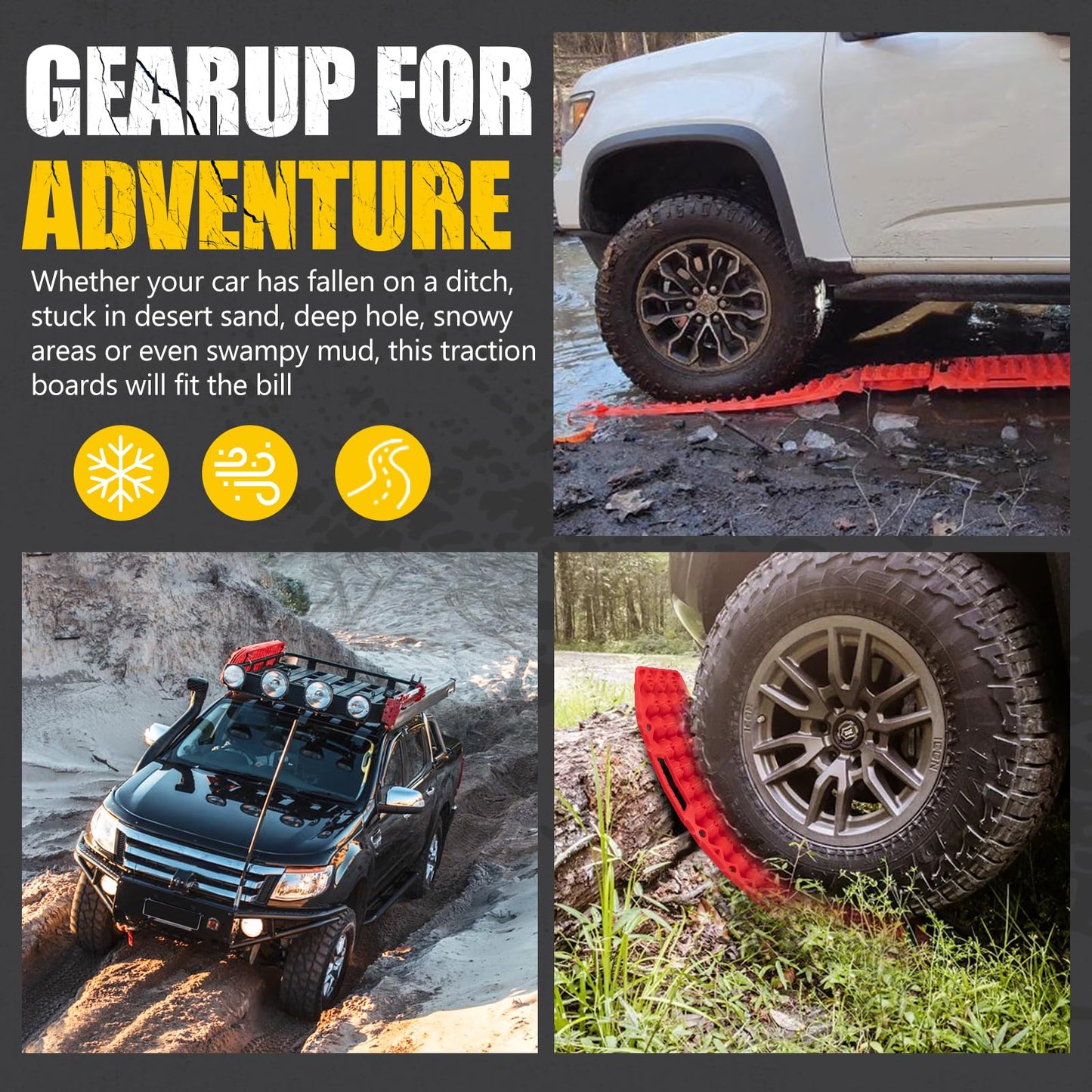 BUNKER INDUST Off-Road Traction Boards with Jack Lift Base,2 Pcs Multifunctional Recovery Track for 4WD UTV SUV Truck-Mud, Snow, Sand Tracks Red Tire Traction Mat with Carry Bag (Gen 9th)