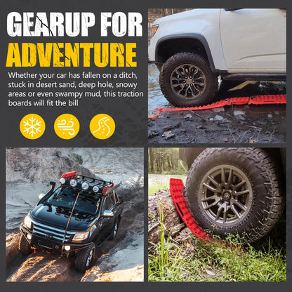 BUNKER INDUST Off-Road Traction Boards with Jack Lift Base,2 Pcs Multifunctional Recovery Track for 4WD UTV SUV Truck-Mud, Snow, Sand Tracks Red Tire Traction Mat with Carry Bag (Gen 9th)