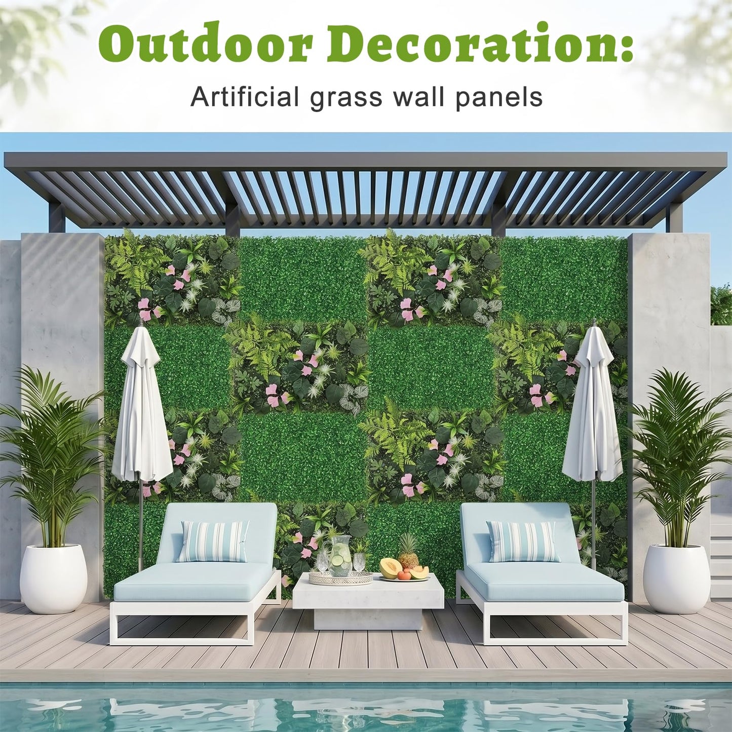 Artificial Grass Wall Panels 12pcs Boxwood Pink Bougainvillea Foliage Fern UV Protected Faux Greenery Hedge, Privacy Fence Screen, Grass Backdrop for Outdoor Indoor Garden Wall Decor 16'' x 24''
