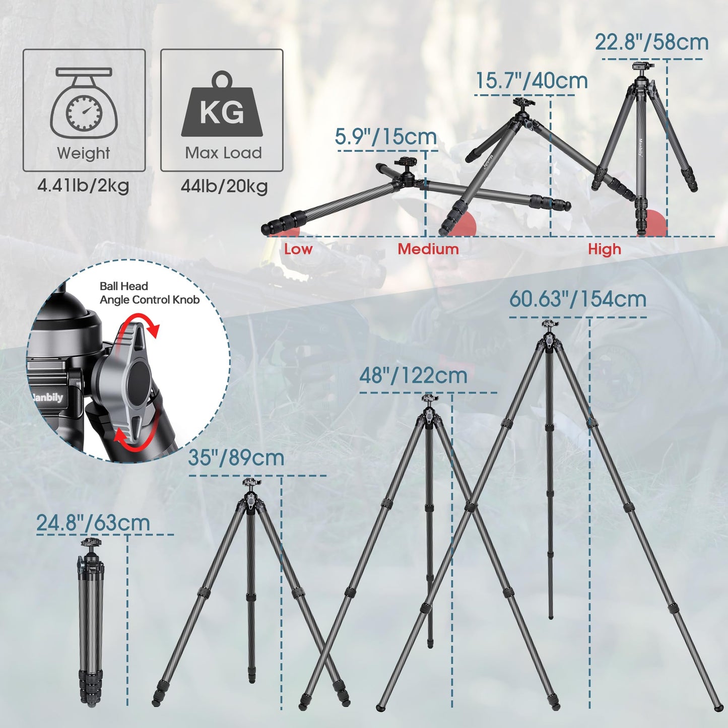 Manbily Carbon Fiber Hunting Tripod, 36mm Thick Leg Shooting Tripod with 360 Degree 44mm Large Ball and Picatinny to Arca Swiss Adapters, Max Load 44 lbs - TS-364PA