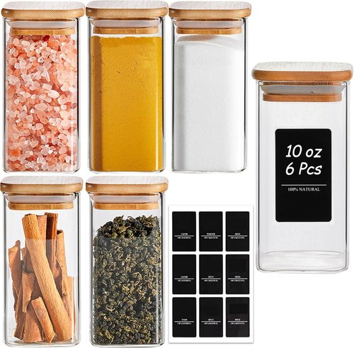 ComSaf 10 oz Glass Spice Jars - 6-Piece Set with Bamboo Lids & Labels | Ideal Kitchen Starter Set