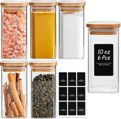 ComSaf 10 oz Glass Spice Jars - 6-Piece Set with Bamboo Lids & Labels | Ideal Kitchen Starter Set