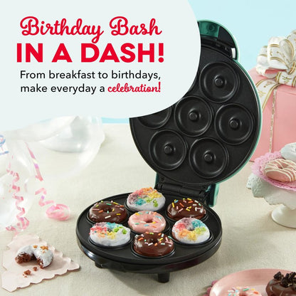 Dash Express Mini Donut Maker - Homemade Dessert Maker - Features Double-Sided, Non-Stick Surface & Space-Saving Design - Makes 7 - Aqua