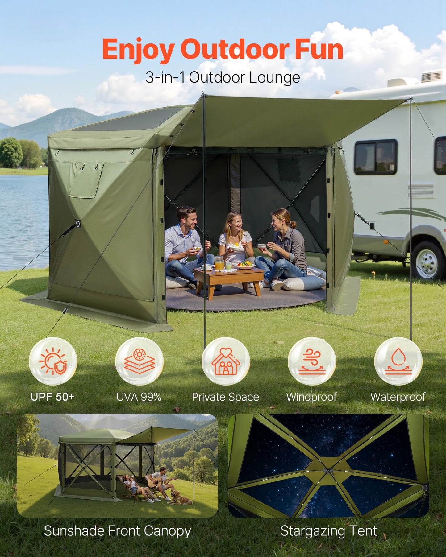 VEVOR Pop up Gazebo Screen Tent, 10 x 10 ft Large 6-Sided Camping Canopy Tent with Removable Top & Carry Bag, Quick-Set & Bite-Proof, Screen House Sun Shelter for 6-8 Persons Backyard Patio, Green
