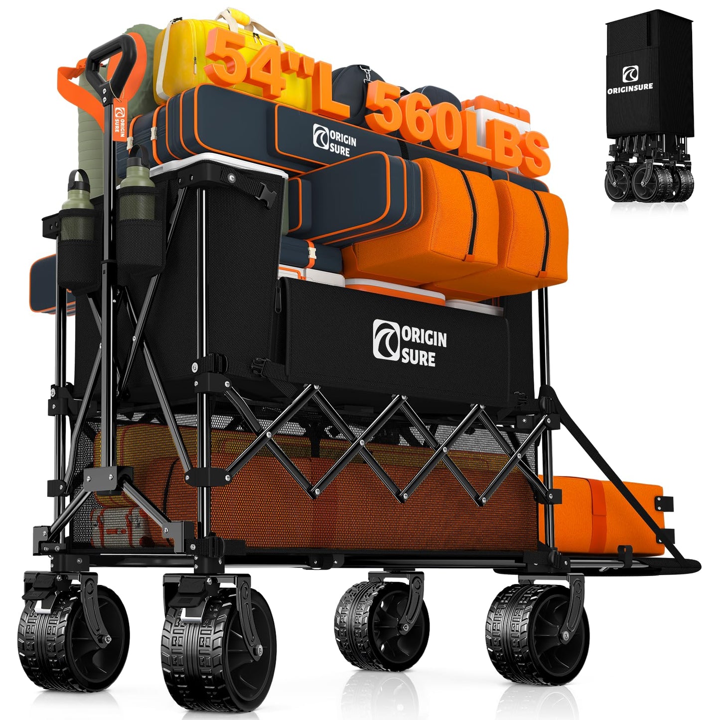 400L Double Decker Wagon Collapsible with 54" L Tailgate, 560lbs Heavy Duty Wagons Carts Foldable, Extra Large Folding Beach Wagon with Big All-Terrain Wheels for Camping, Sports, Groceries, Black