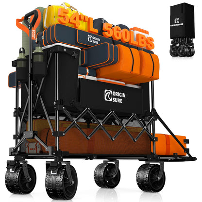 400L Double Decker Wagon Collapsible with 54" L Tailgate, 560lbs Heavy Duty Wagons Carts Foldable, Extra Large Folding Beach Wagon with Big All-Terrain Wheels for Camping, Sports, Groceries, Black