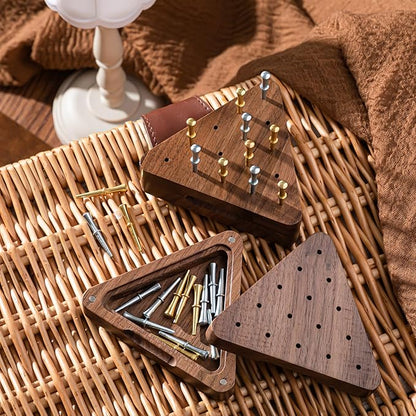 Estune 1 Set 4.3 Inch Walnut Wooden Tricky Triangle Peg Game Portable Board Triangular Game Set with Storage Box for Adults Travel Party