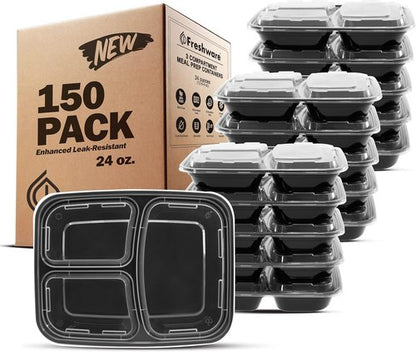 Freshware Meal Prep Containers - 150 Pack | 3-Compartment Bento Boxes, BPA-Free, Stackable, 24 oz