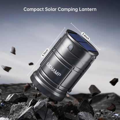 Lichamp Solar Camping Lantern, USB Rechargeable LED, 3 Modes, Dark Gray, Model CLS-K001GH