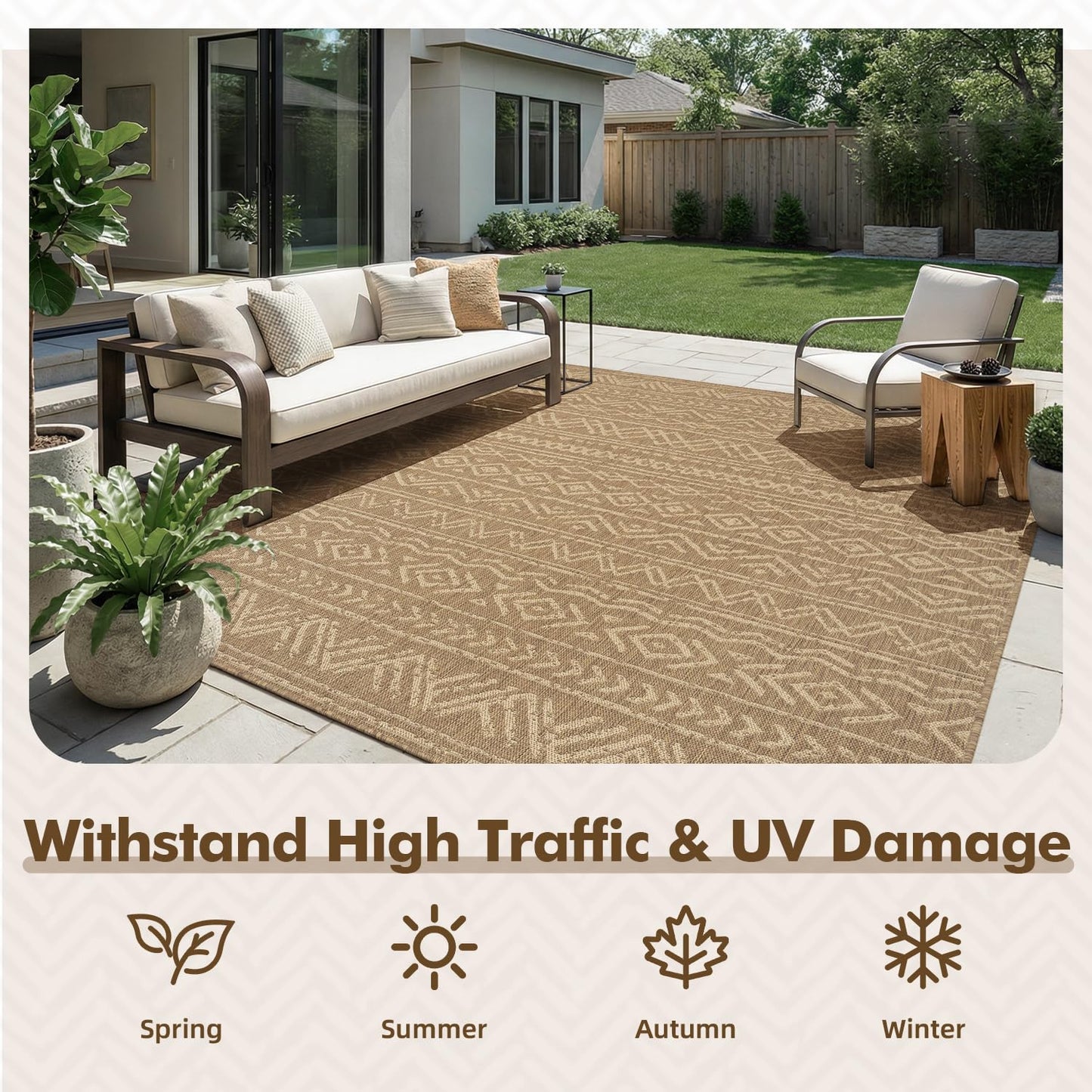 MontVoo-Outdoor Rug-Patio Rug 8x10 Polypropylene Indoor Outdoor Rug Outdoor Carpet for Patio Deck Balcony Porch, Textured Weave, Durable for High Traffic, Fade-Resistant, Boho Farmhouse Neutral Brown