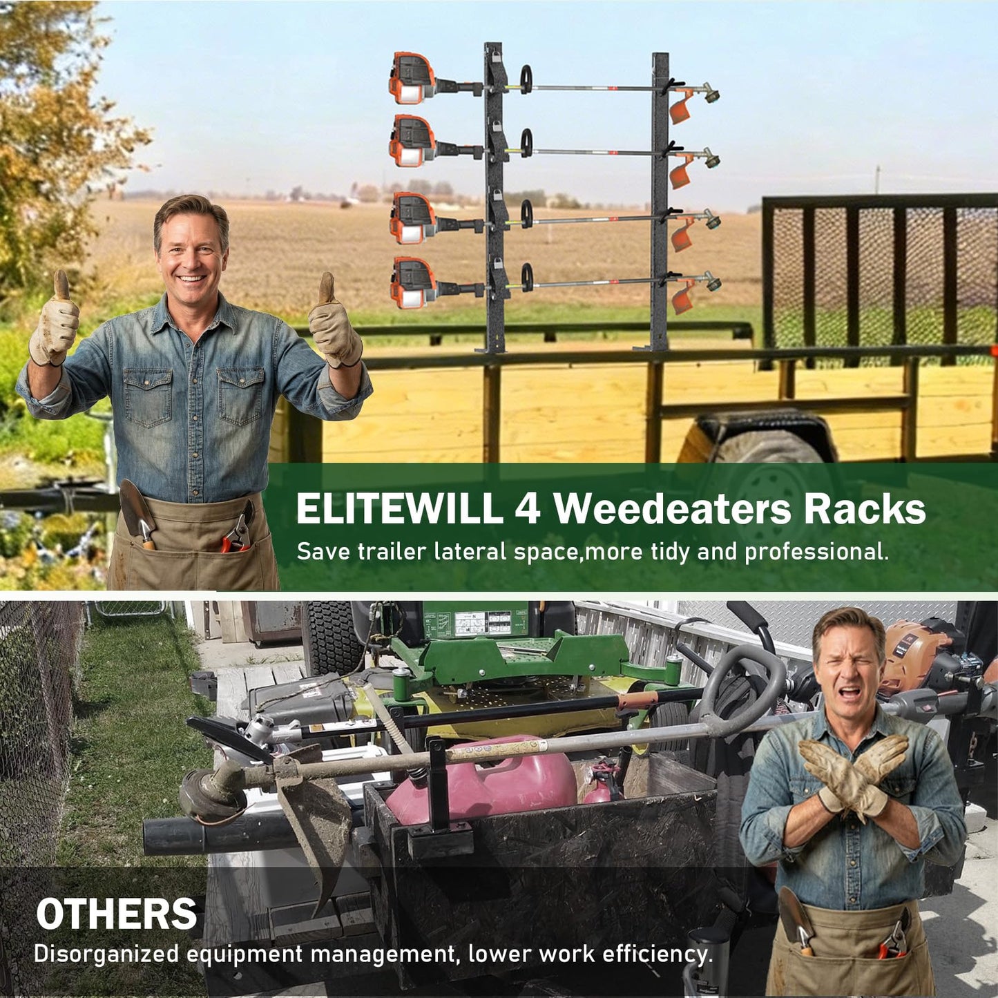 ELITEWILL 4-Position Weed Eater Racks for Trailer Commercial Trimmer Rack with Independent Locks for Open/Enclosed Trailer Work, Garage & Walls Weedeater Organization Storage Rack