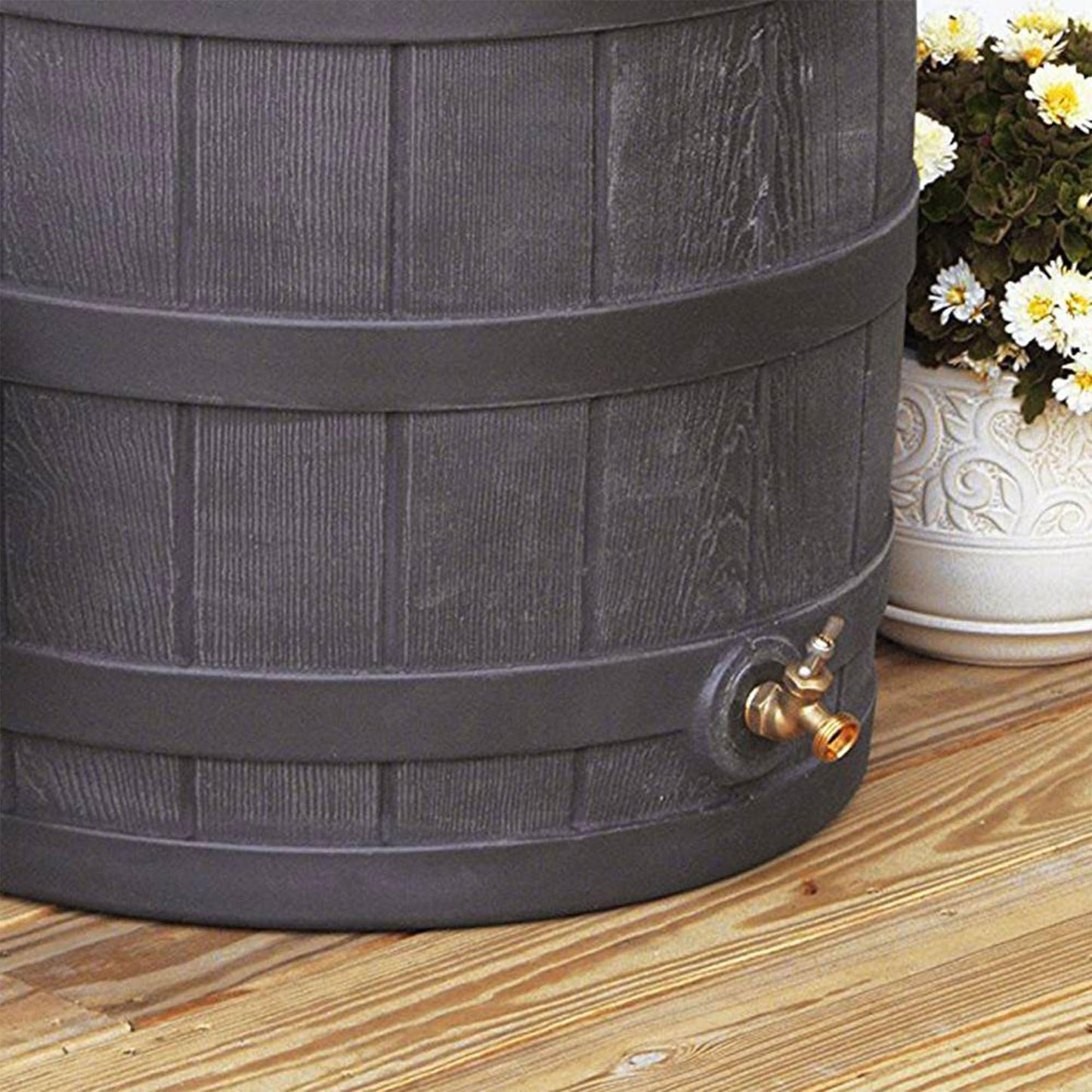 Good Ideas Rain Wizard Water Collection Plastic Barrel Tank System, 50 Gallon, Oak - Portable Outdoor Rainwater Catcher and Storage Drum with Robust Metal Spigot and Fine Mesh Screen