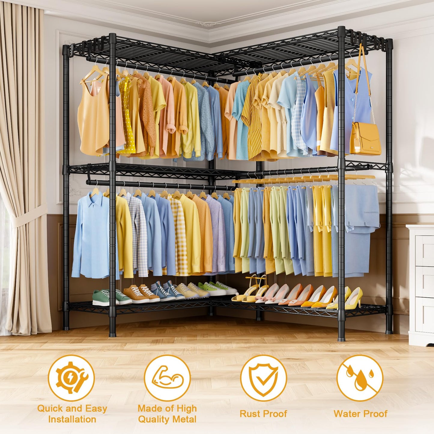 ULIFHOME E15 Pro Garment Rack L Shaped Clothes Rack for Corner，Freestanding Clothing Racks for Hanging Clothes，Heavy Duty Closet System with 4 Hanging Rods & 8 S Hooks，48.8"W x 15.8"D x 78.4"H，Black