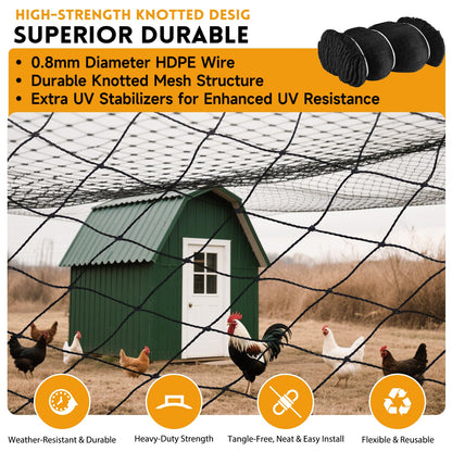 Heavy Duty Bird Netting for Chicken Coop with 1" Mesh, 50x50 ft Reinforced HDPE Poultry Netting, Durable & Reusable Chicken Netting for Hawks, Predator Proof for Farm, Fence, Garden & Orchard