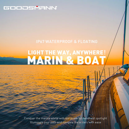 GOODSMANN Rechargeable Spotlight IP67 Waterproof Marine Spotlights up to 4500 Lumen Handheld Light LED Searchlight with EVA Storage Carrying Case and USB Charger for Hiking, Boating, Hunting, Camping