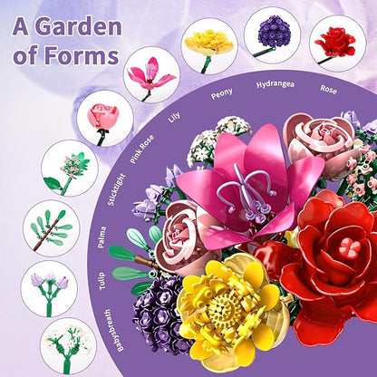 1070Pcs Flower Bouquet Building Set Artificial Fake Flowers Bridal Wedding Building Blocks Botanical Collection DIY Craft for Adults &amp Kids Girlfriend Wife Valentine’s Day Birthday Home Table D