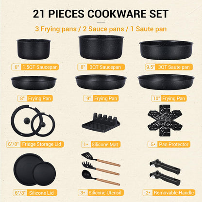 Ammeloo 21pcs Ceramic Pots and Pans Set Non Stick with Detachable Handles and Egg Frying Pan & 21 Pcs Pots and Pans Set with 3 Frying Pans