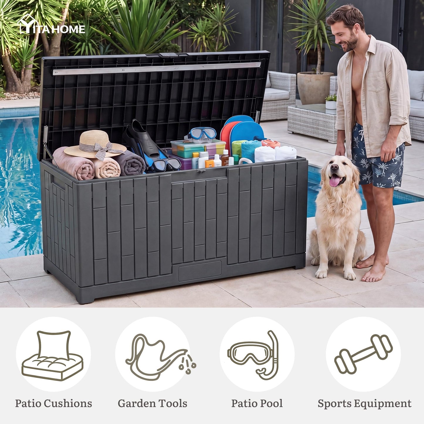 YITAHOME Large Deck Box 120 Gallon Resin Outdoor Storage Box with Slide-Locking Lid, Patio Storage Bin Bench Seat for Outdoor Pillows, Garden Tools and Pool Supplies, Waterproof Lockable, Dark Gray