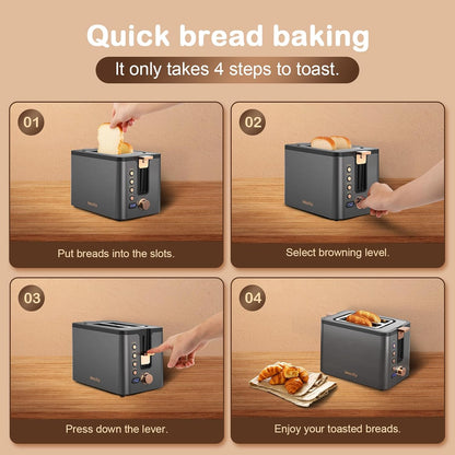 Mecity 2-Slice Toaster - Stainless Steel Body with 6 Browning Settings & Extra Wide Slots | Grey
