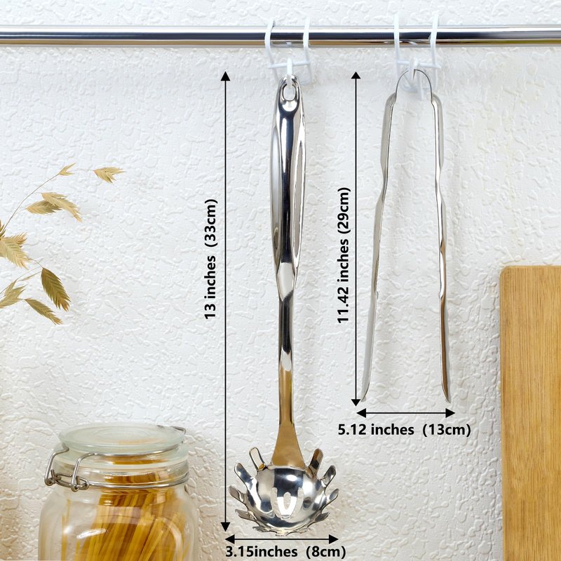 Pleafind Spaghetti Spoon and Spaghetti Tong 2-Piece Set, 13-Inch Non-Stick Spaghetti Fork and 11.4-Inch Kitchen Tong, Easy Storage and Cleanup, Ergonomic Design, Stainless Steel
