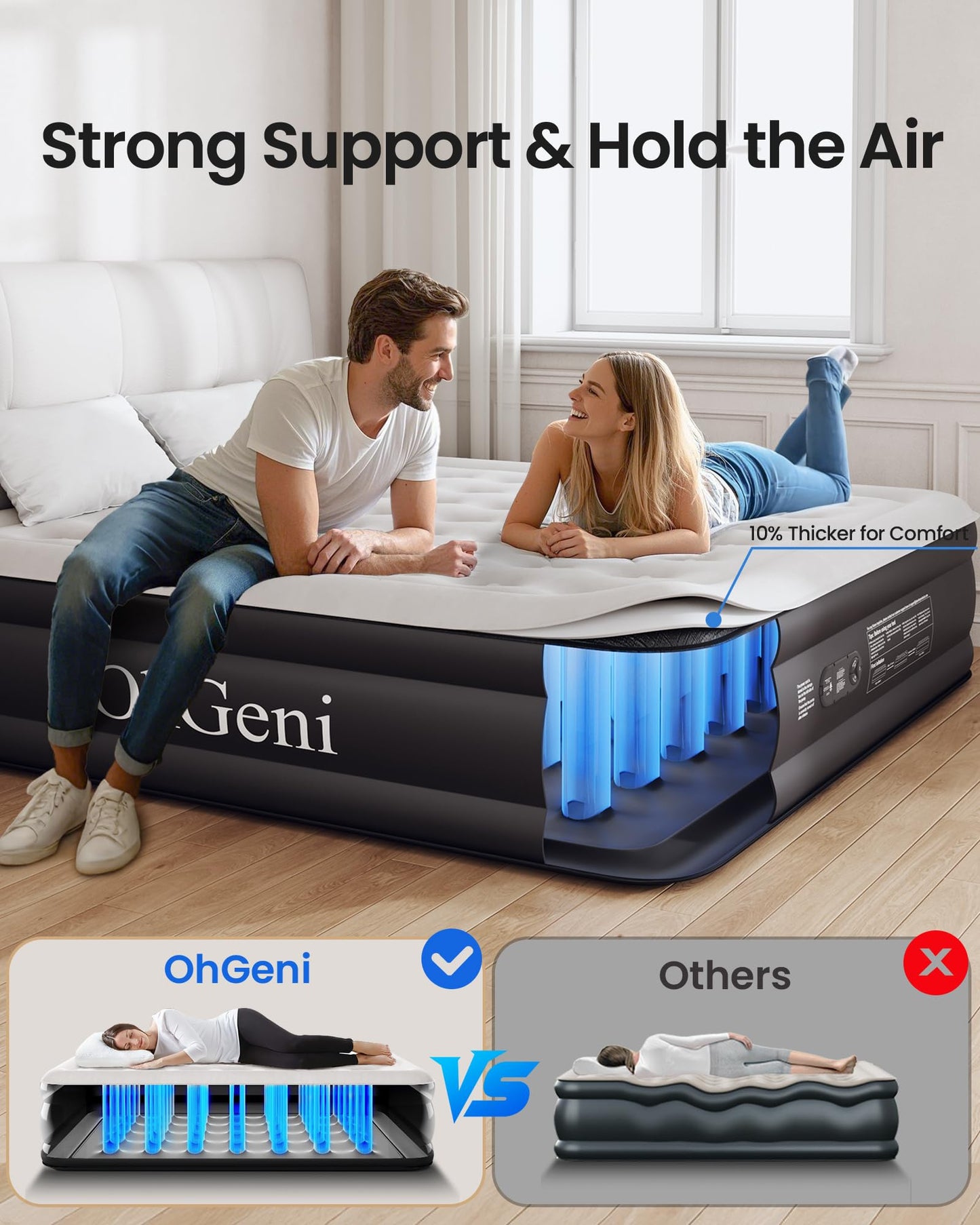 OhGeni King Size Air Mattress with Built in Pump, Family Choice Award Winner, 18'' Comfortable Blow Up Colchones Inflables Mattress for Home, Guests, Portable Air Bed, 700 lbs
