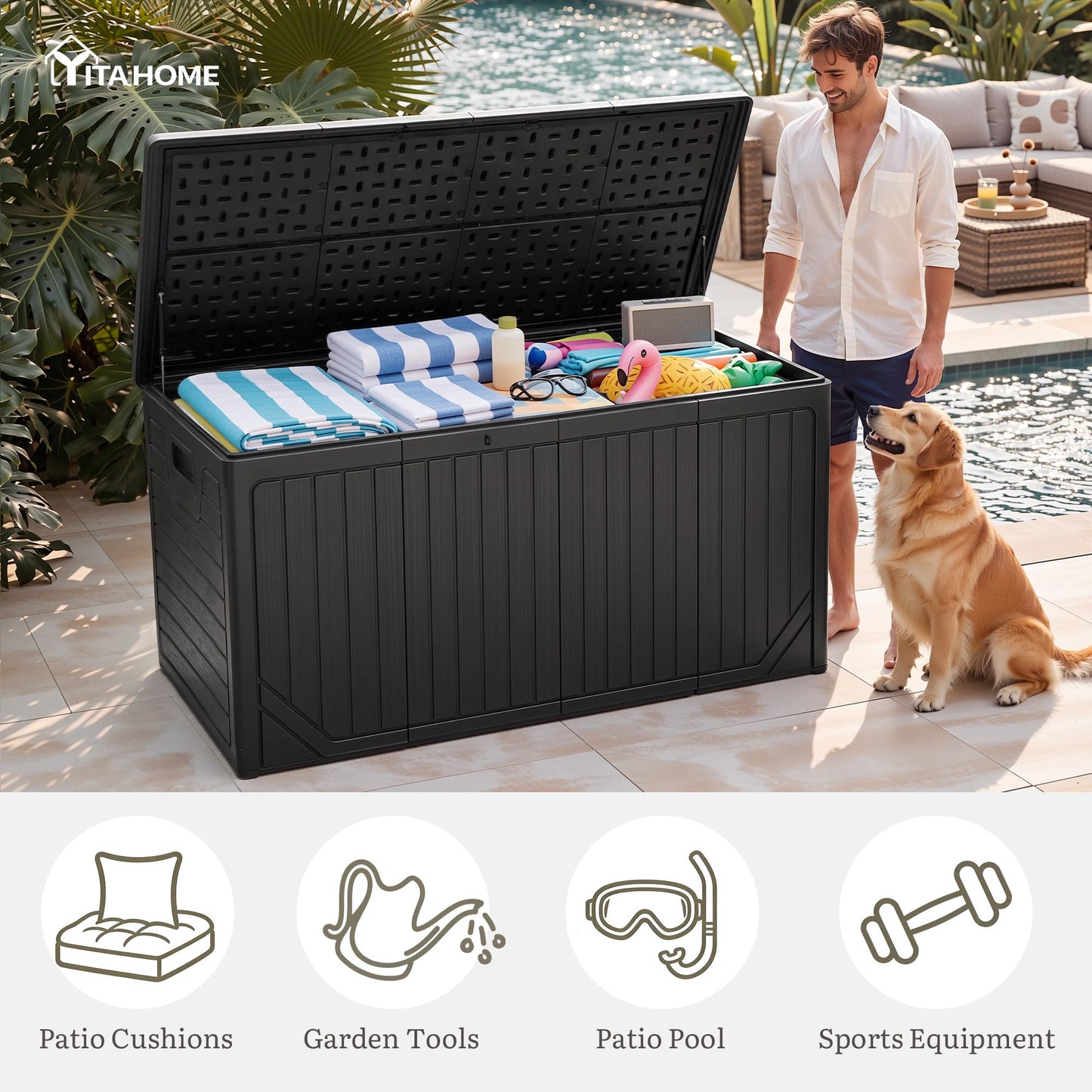 YITAHOME XXL 300 Gallon Extra Large Outdoor Deck Box, Lockable Resin Double-Wall Storage Box and Waterproof Patio Furniture Bin for Garden Tools & Pool Accessories, Black