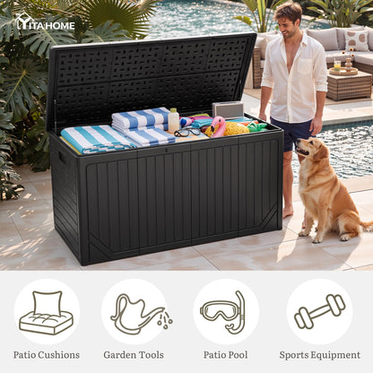 YITAHOME XXL 300 Gallon Extra Large Outdoor Deck Box, Lockable Resin Double-Wall Storage Box and Waterproof Patio Furniture Bin for Garden Tools & Pool Accessories, Black