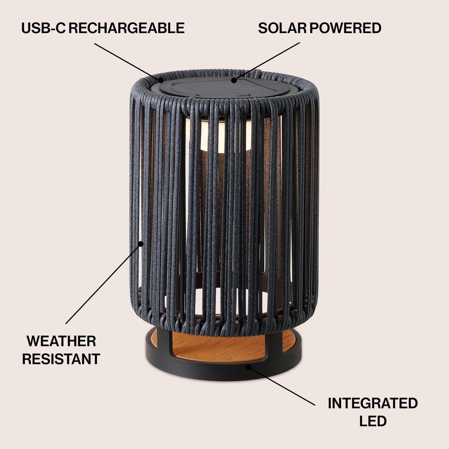 JONATHAN Y 12.5" Charcoal/Black Modern LED Solar Powered Outdoor Lantern, 8.5" x 13" with Faux Rattan Shade, USB-C Rechargeable Cordless Light for Patio Deck Porch Garden JYL2602A