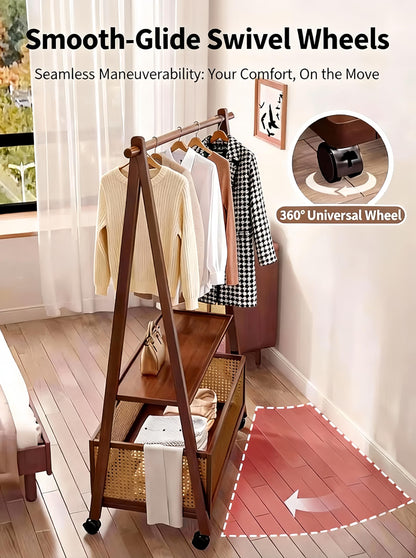 TEDIDUWA 61" Heavy Duty Rolling Clothes Rack, 110 lbs Capacity Solid Bamboo Garment Rack with Double Layer Shelf, Portable Wardrobe & Wood Coat Rack for Bedroom, Laundry, Closet (Walnut)