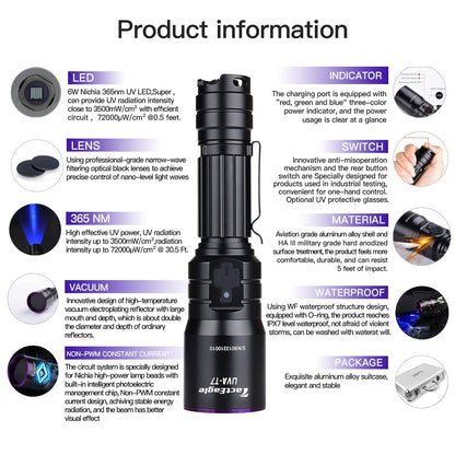 TactEagle Industrial UV Flashlight Rechargeable, 365nm UV Light, Black Light for NDT (Non-Destructive Testing), Pet Urine Detection, A/C Leak Detection, Blood Tracking, Rocks Hunting
