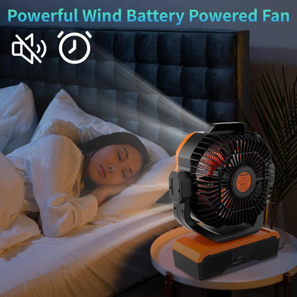 WESTTREE Battery Powered Fan Powerful Airflow Battery Operated Air Circulator Fan for Bedroom,Quiet & 360°Auto Oscillating Rechargeable Camping Fans with LED Light (RGBW) X66 Orange