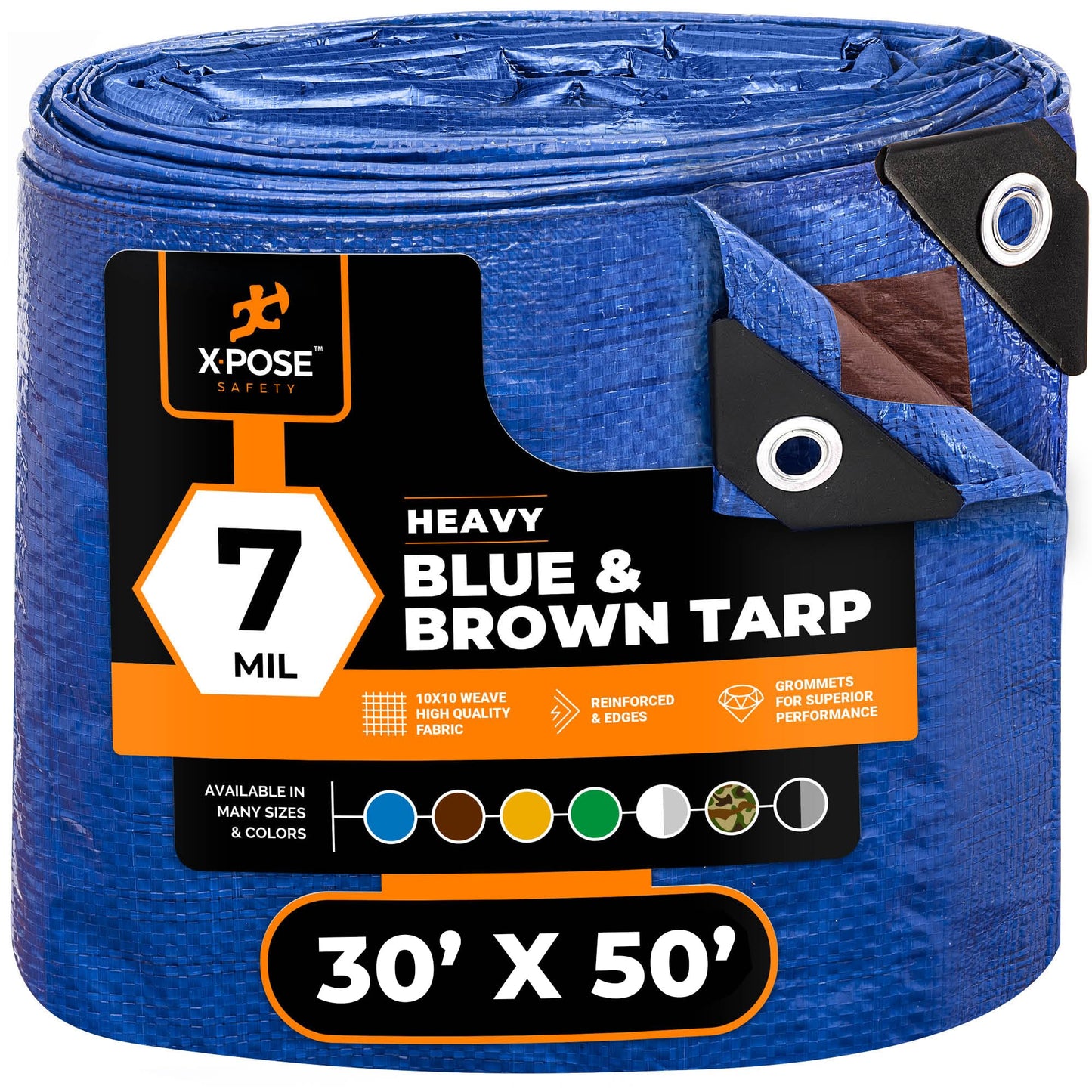 Xpose Safety 30’ x 50’ Heavy Blue/Brown Tarp - Waterproof - 7 Mil Weatherproof Camping Tarp for Tent, Rain, Wind & Sun - Plastic Tarpaulin Cover Outdoor for Roof, Trailer, RV, Car, Boat