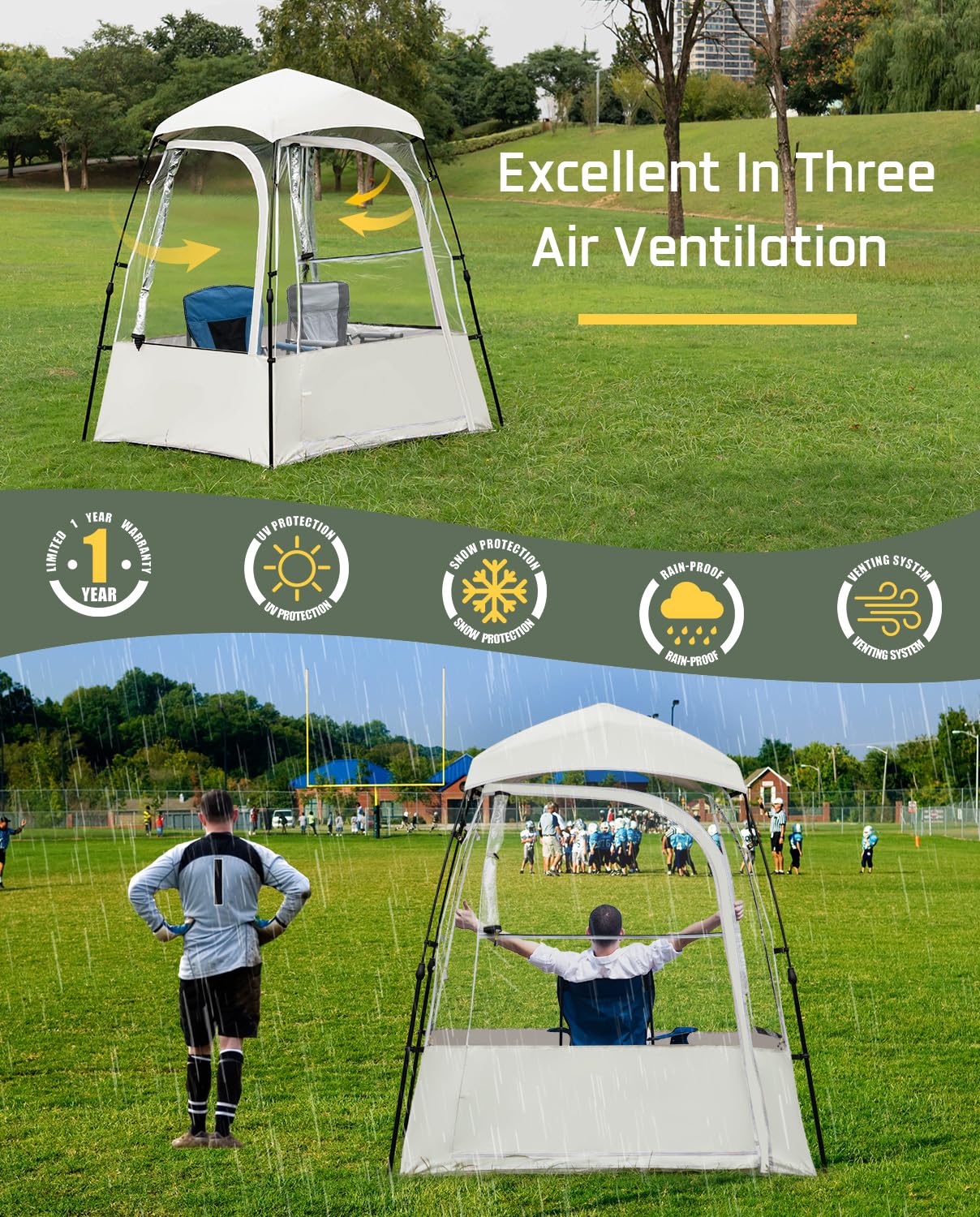 LANGWILL Pod All Weather Sports Tent, Outdoor Pop Up Bubble Clear 540° View Winter Tent for 1-2 Person, Instant Cold Weather Shelter with Rainfly for Soccer, Football, Softball & Other Sports Events