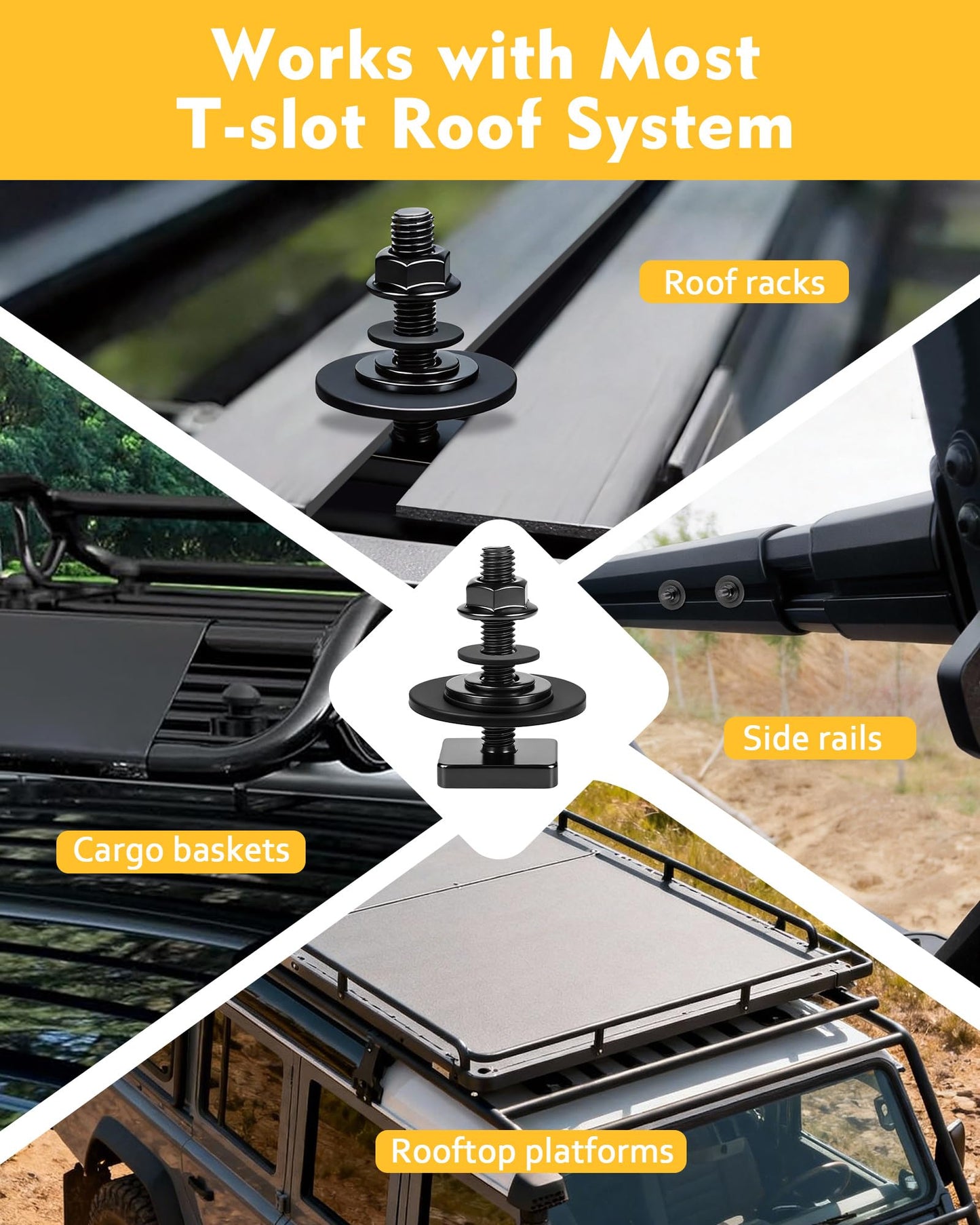 T Slot Bolts for Roof Rack Cross Bars, Platform, Cargo Basket, Stainless Square T Track Bolt Adapter to Secure Bike/Ski/Kayak Rack, Solar Panel, Awning, 4mm Thick
