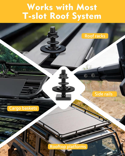 T Slot Bolts for Roof Rack Cross Bars, Platform, Cargo Basket, Stainless Square T Track Bolt Adapter to Secure Bike/Ski/Kayak Rack, Solar Panel, Awning, 4mm Thick