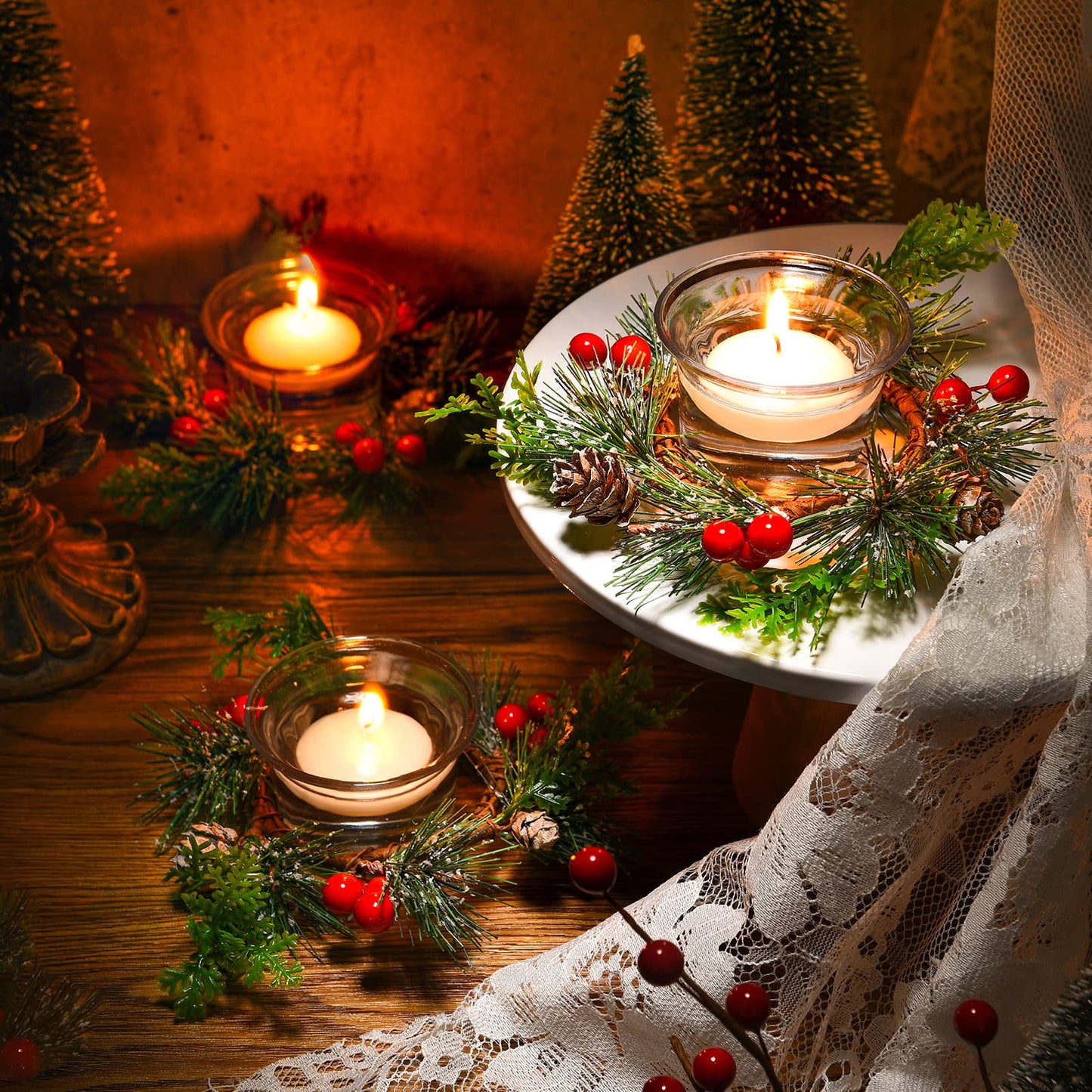 Dingion 12 Pcs Christmas Votive Candle Holder Set Xmas Table Centerpiece with Christmas Berry Candle Ring Decorative Glass Tealight Holder for Wedding Christian Church Xmas Holiday Table Decoration