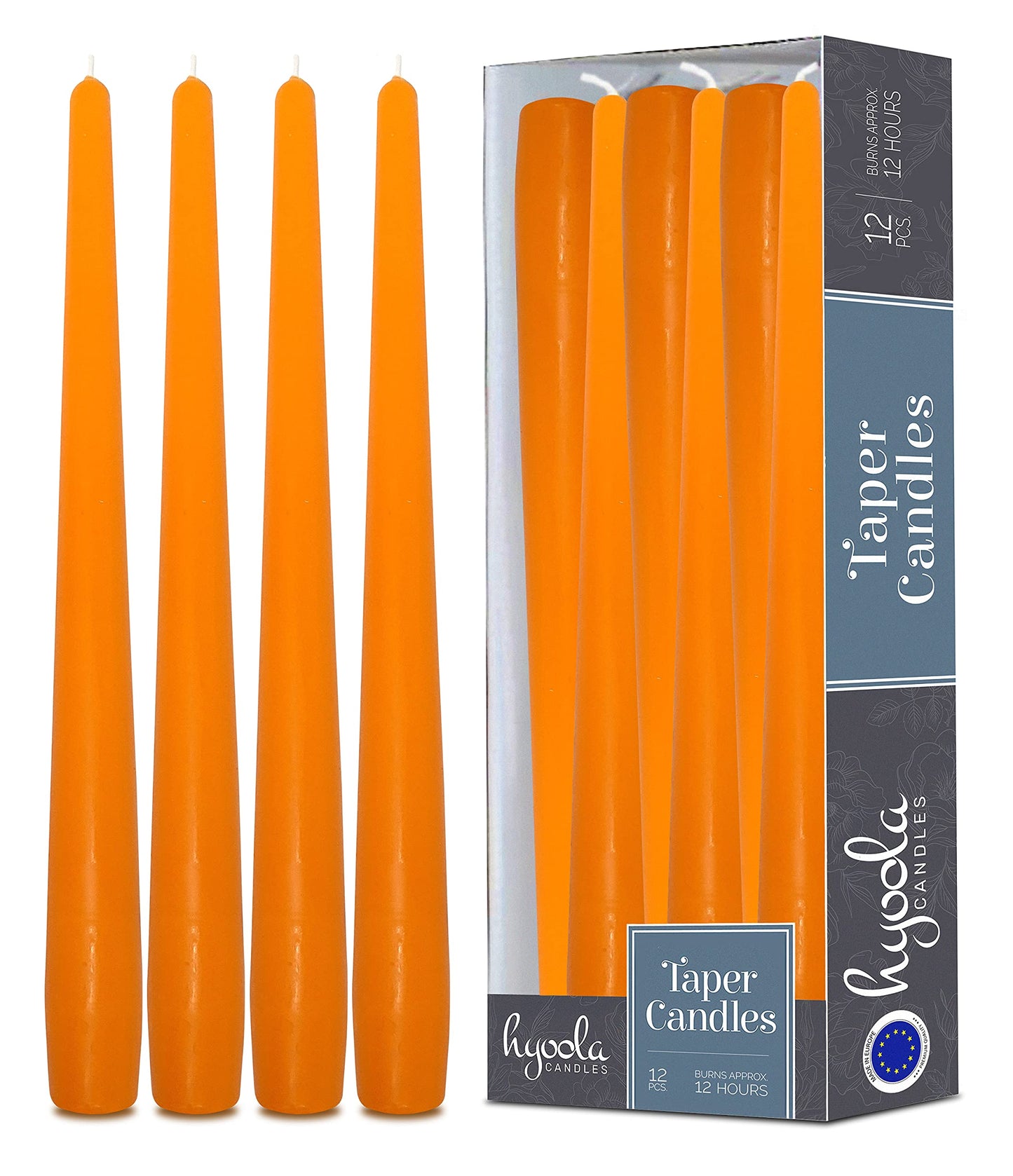 Hyoola Tall Taper Candles - 14 Inch Orange Unscented Dripless Taper Candles - 12 Hour Burn Time - 12 Pack