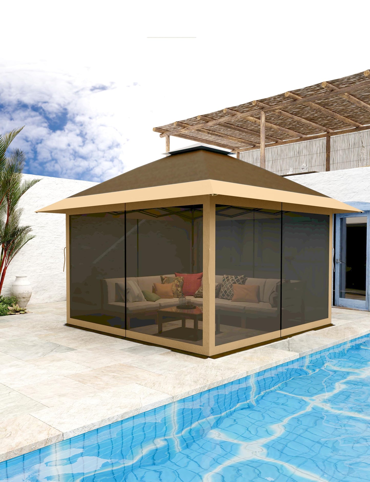 KYBOLT 12x12 Pop Up Gazebo Instant Canopy Tent with Netting 4 Stanbags Outdoor Shelter for Lawn, Garden, Backyard, Deck (Khaki + Dark Khaki)
