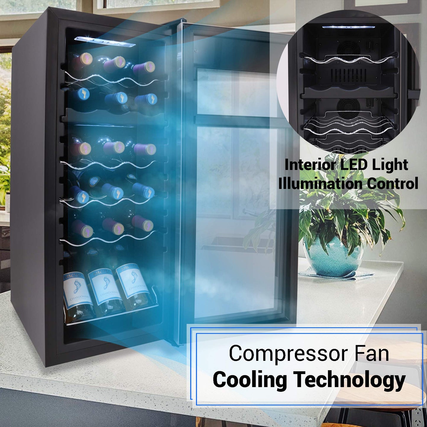 NutriChef 18 Bottle Wine Fridge | Dual Zone Wine Chiller | Adjustable Temperature 41°F to 64°F | Ultra Quiet Operation | Wine Cooler For Home & Office | Free Standing 32x13x19 IN | Black